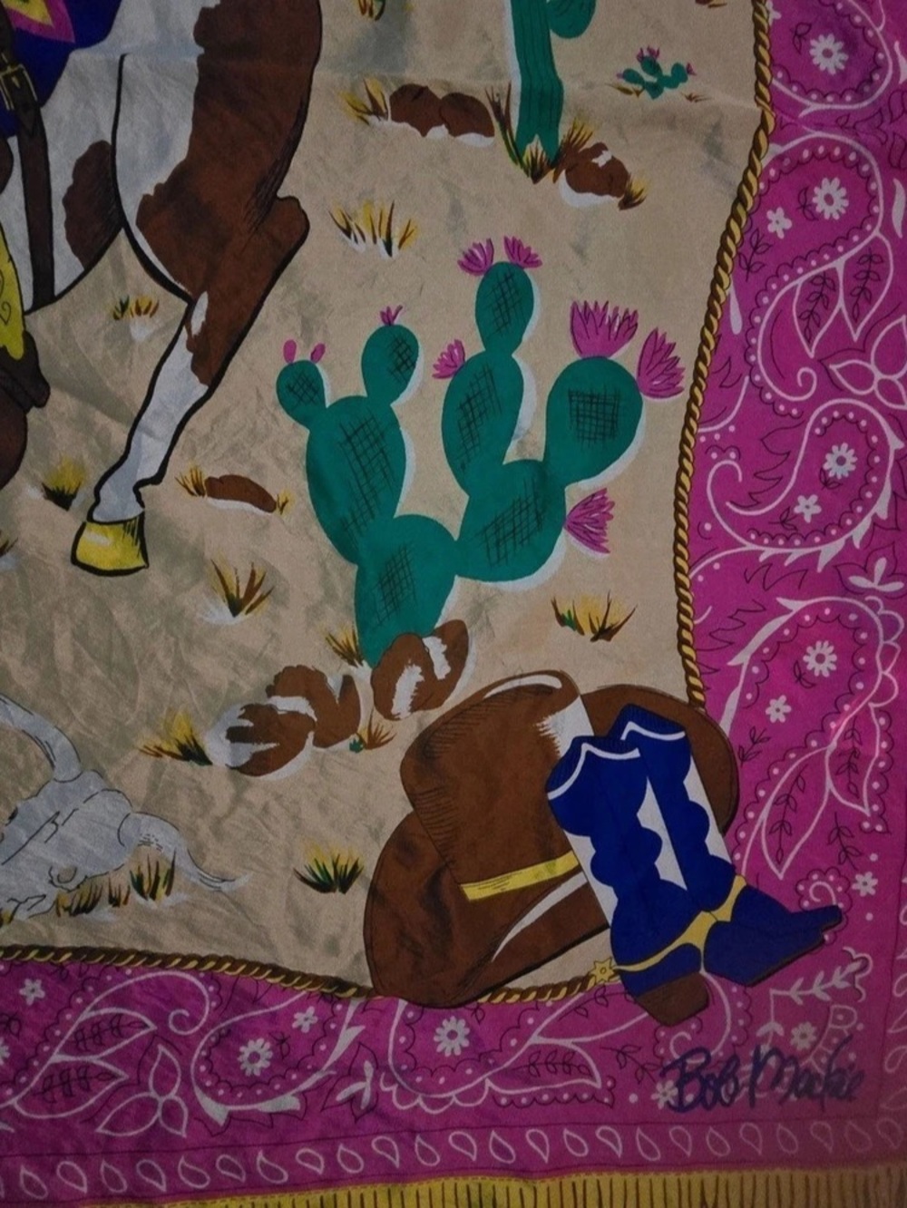 Vintage Bob Mackie Wearable Art Bronco Billy Western Silk Scarf Pink & Blue - Picture 9 of 9